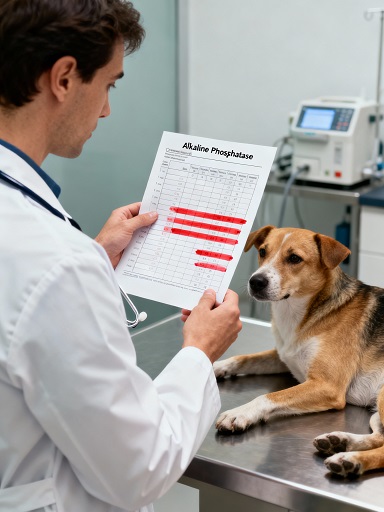 Ветеринар изучает биохимический анализ крови собаки с повышенной щелочной фосфатазой и печёночными показателями